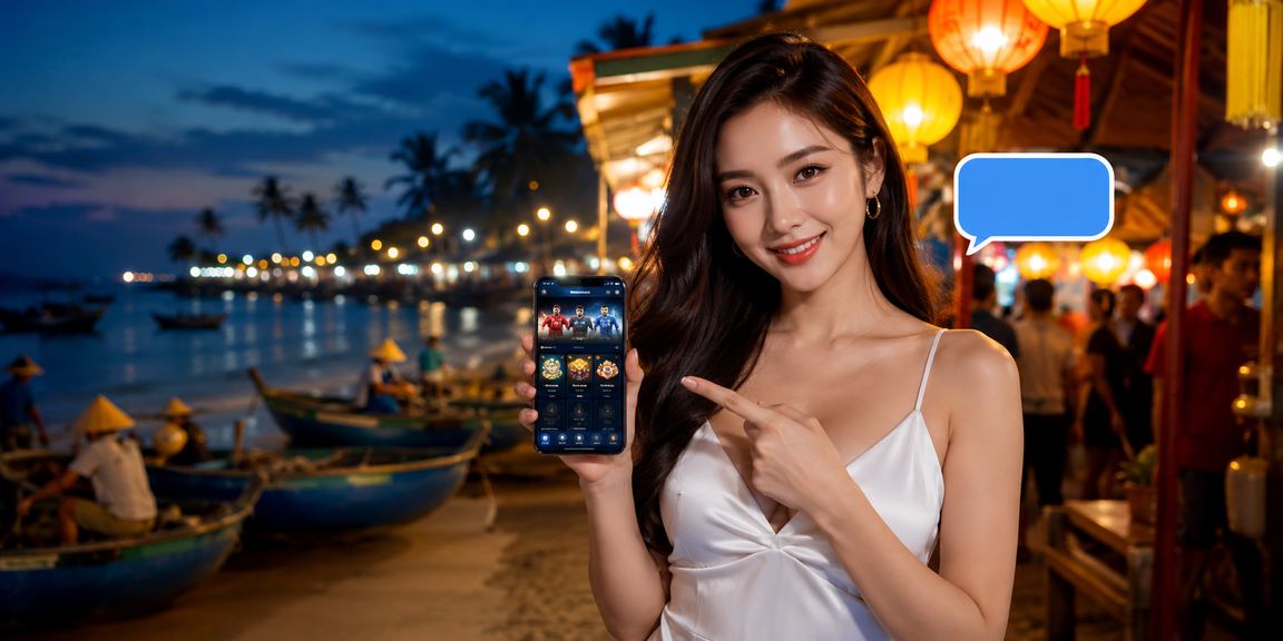 Người chơi casino tại chợ đêm Mũi Né dùng điện thoại trên lodextrin